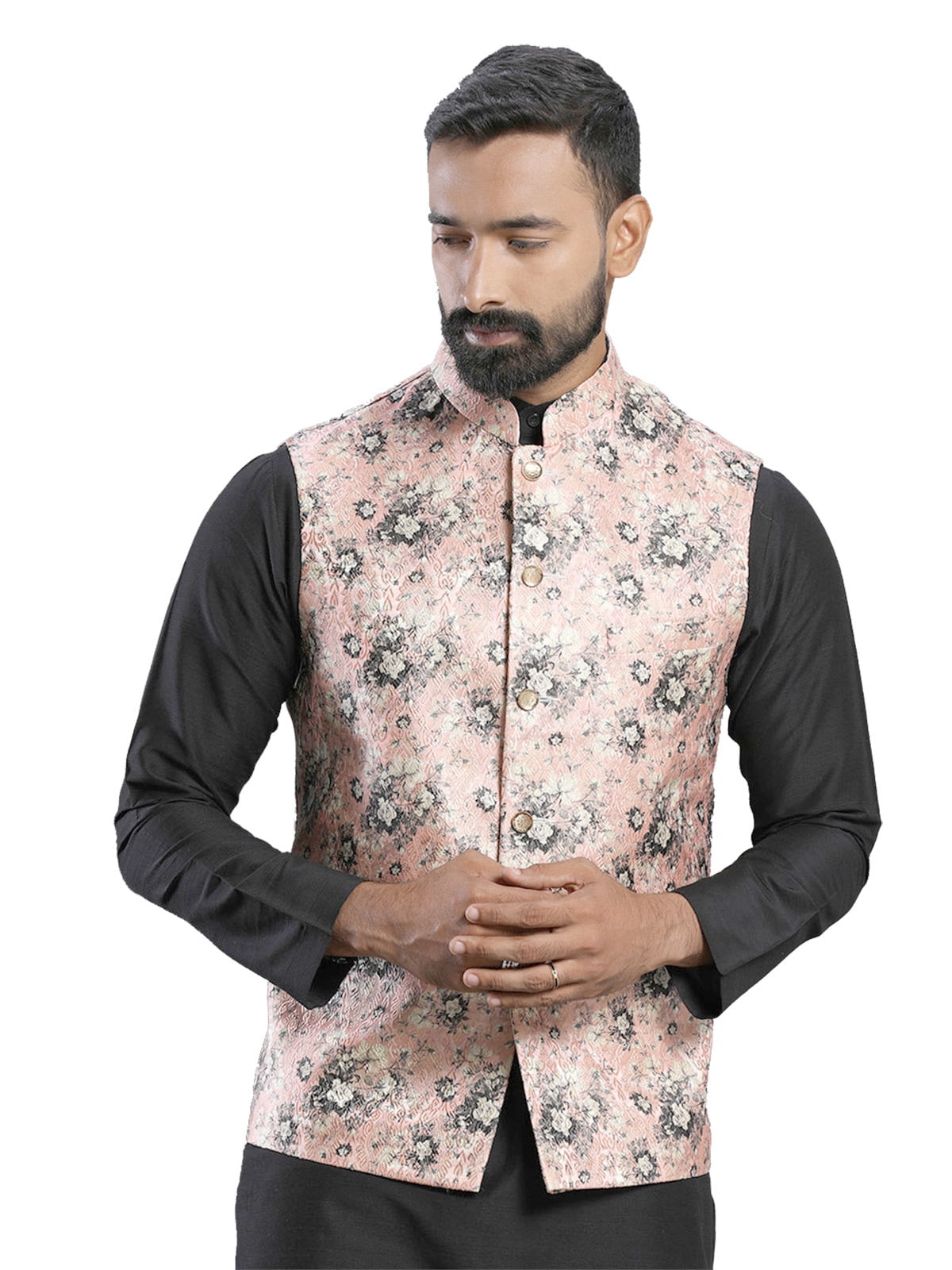Anny's Culture Baby Pink Floral Pattern Polyester Wedding Nehru Jacket  (Coti) - AANY'S CULTURE - 4138477